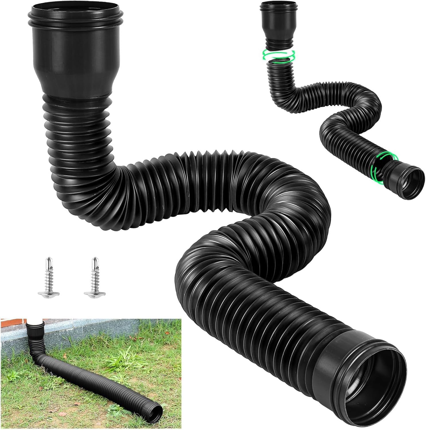 Srliya Rain Gutter Downspout Extension Flexible PE Extendable Drain Away Extender for Outdoor Villa Round (Black)