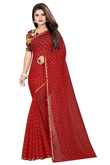 Womens Pure Nazmin Chiffon Saree with Digital Printed Blouse Piece (Red)