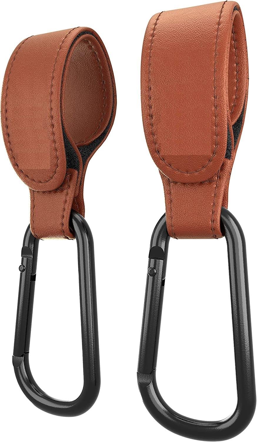 Pack of 2 Leather Style Buggy Clips Faux Leather Style Pram Hooks for Hook Your Shopping Bags Safely on Your Pushchair or Stroller Clips,Shopping Bag and Changing Bag Holders (Brown)