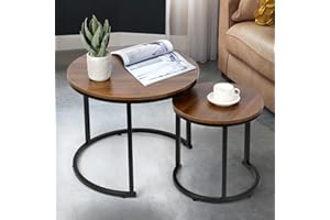 SMOOL Modern Nesting Coffee Table Set of 2 for Living Room Balcony Office, Round Wood Accent Side Coffee Tables with Sturdy Metal Frame, Easy Assembly(Walnut)