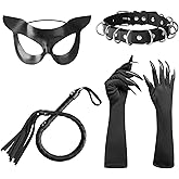 4/6Pcs Halloween Cat Woman Costume Accessories, Black Cat Mask Cosplay Costume for Women, Faux Leather Gloves Necklace Outfit
