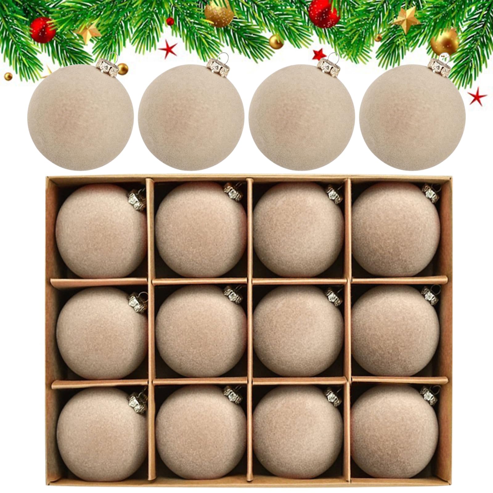 Photo 1 of 12pc Christmas Tree Hanging Ball Decoration Velvet Christmas Balls Ornaments Decorative Flocked 2.4Inch Plastic Balls Ornaments Vintage Shatterproof Christmas Decor for Xmas Party Holiday (Beige)