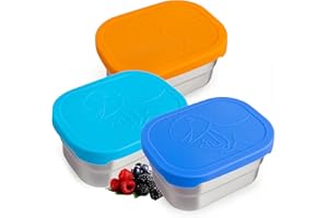 JOIAHAUS Set of 3 Stainless Steel Kids Lunch Box Containers - Handy, Leakproof 8oz Food Storage Containers with Lids - Fun Dinosaur Design for Snacks & Lunches at Daycare/School - Ages 3+, Blue & Orange