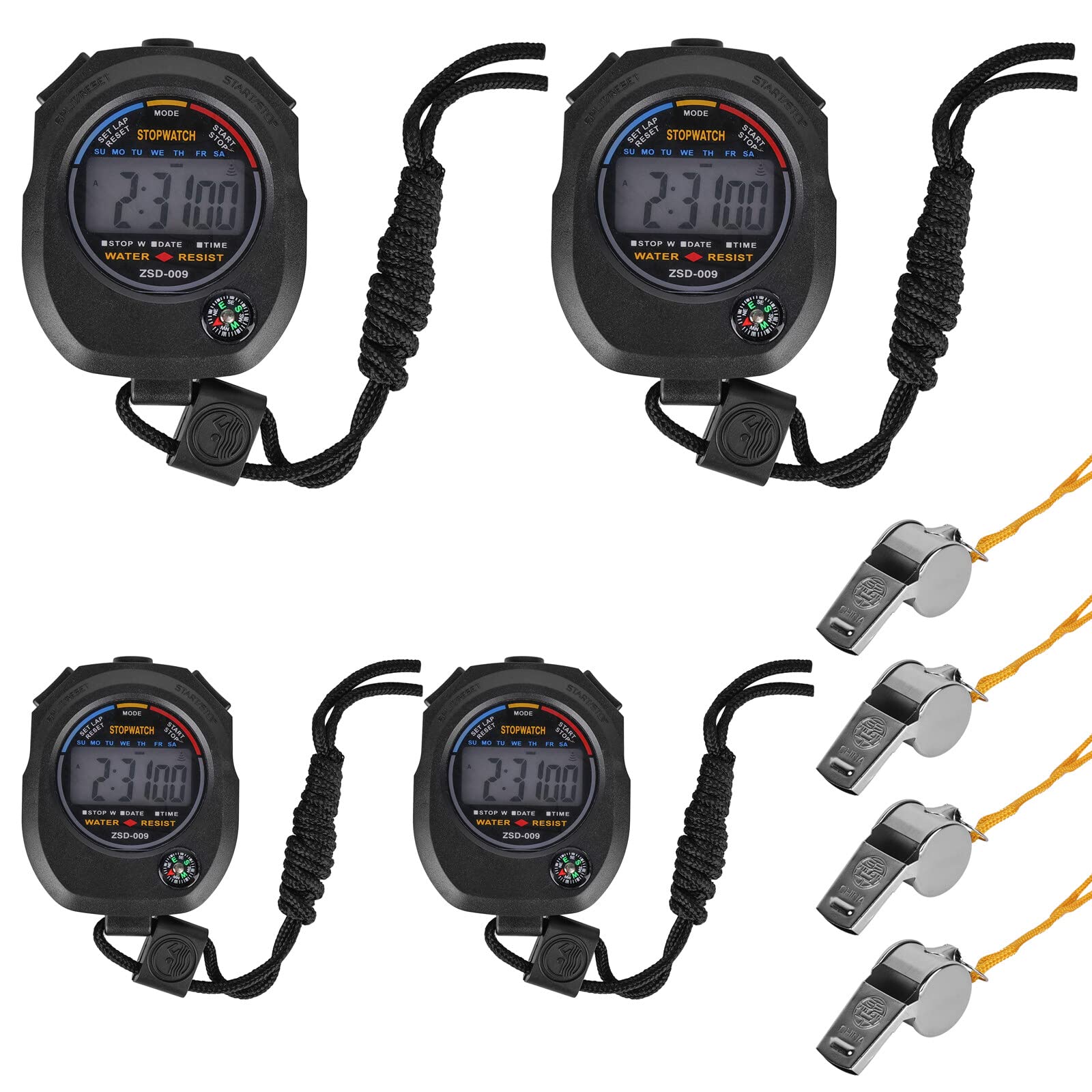 Sports Stopwatch Timer: 4 Pcs Large Display Digital Stopwatch with 4 Stainless Steel Whistles, Multi-Function Stopwatches for Swimming Running Sports Training Referee
