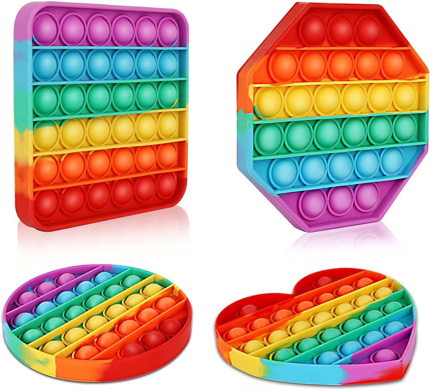 Multipurpose 4 Pack Rainbow Pop it Fidget Toy, Bubble Sensory Toy for Kids and Adults, Stress Reliever, 4 Shapes Poppers-Heart, Circle, Octagon, Square Pressure Relieving