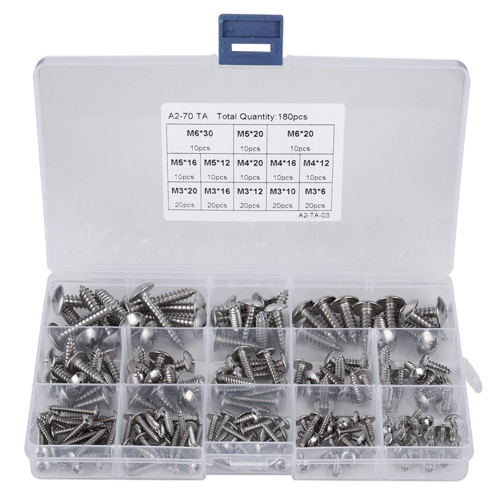 Screws Flat Head, 180Pcs M3 M4 M5 M6 Stainless Steel Flat Head Self-Tapping Screws Assortment Set for Multiple Purpose