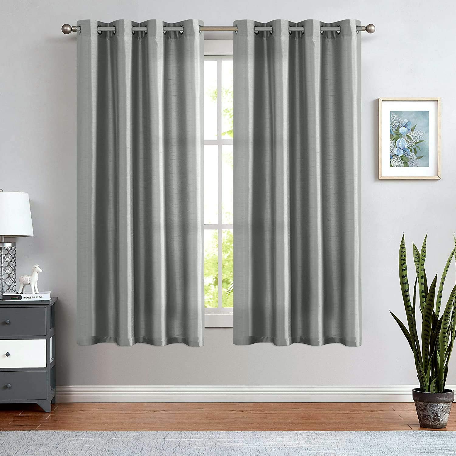 Faux Silk Window Curtains for Living Room 63 inch Length Dupioni Grey Curtain Panels for Bedroom Grommet Top Window Treatments Light Filtering Satin Drapes, 1 Pair