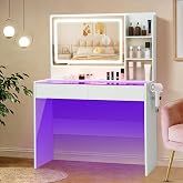 Makeup Vanity Desk with Mirror &amp; Lights,Glass Top,Power Outlet,White | Hairdryer Rack,Glass Top Modern Bedroom Vanity Table for Women Girls,Power Outlet,Adjustable Brightness &amp; 3 Color Modes