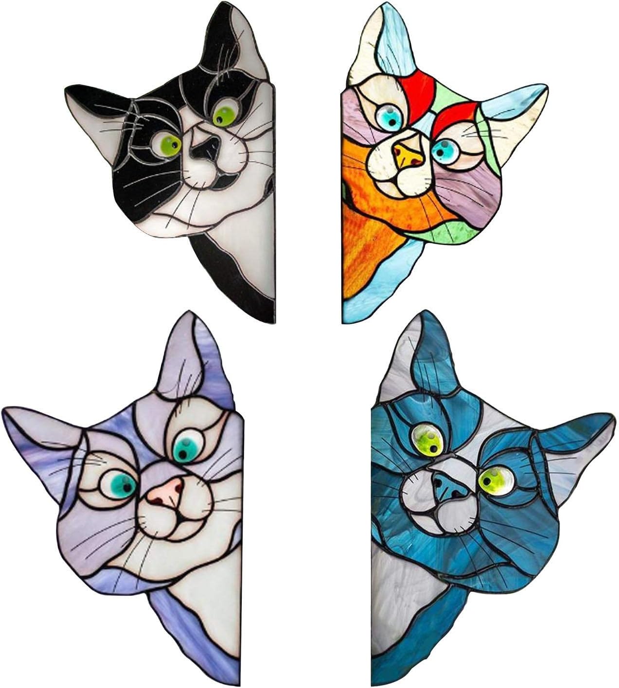 GUANJIAN Peeking Cat Stained Glass Window Hanging, Cat Stain Glass