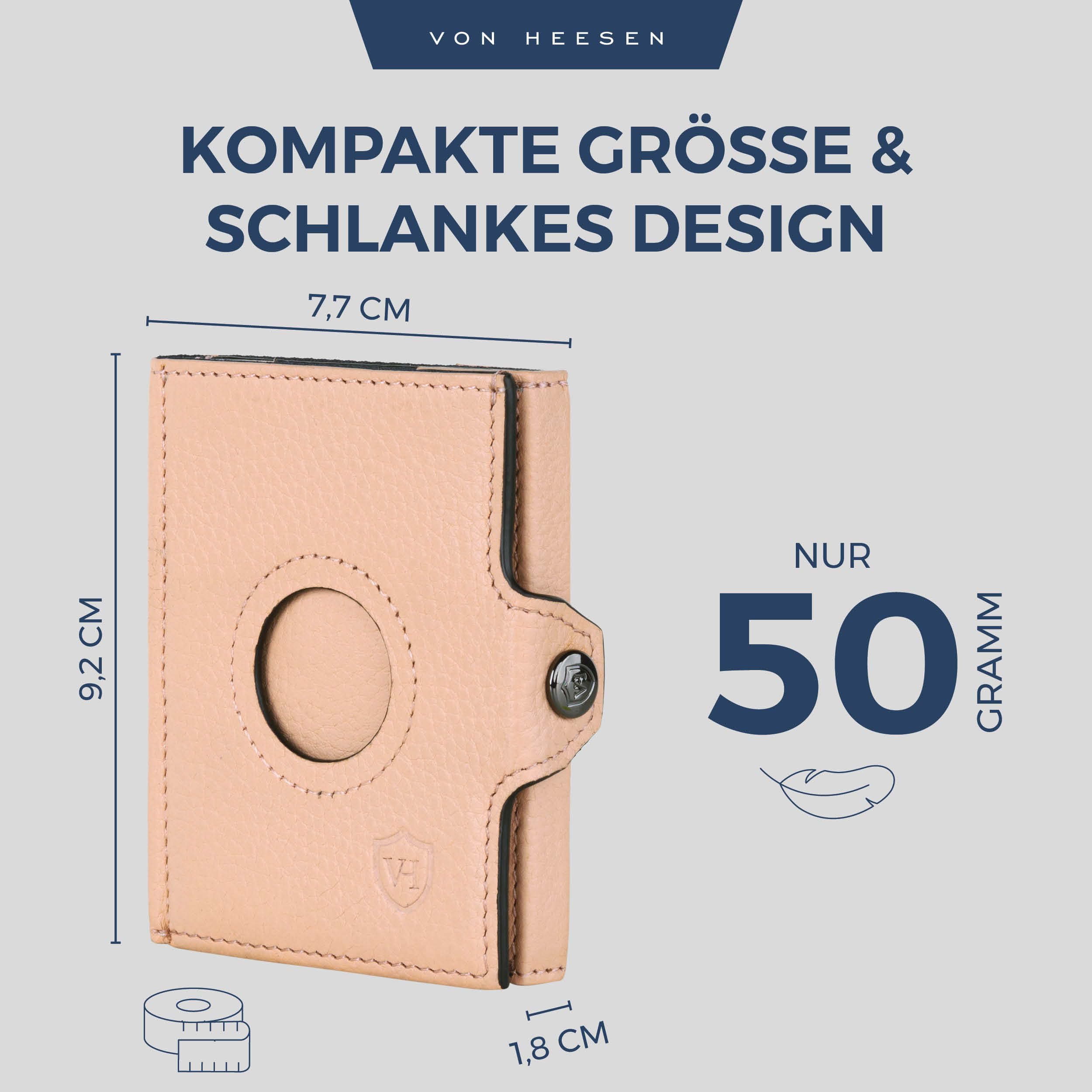 VON HEESEN Airtag Slim Wallet mit RFID-Schutz - Airtag Portmonee Herren klein aus echtem Leder - Mini Geldbörse - Kreditkartenetui Kartenetui - Portemonnaie Geldbeutel (Rose) 4