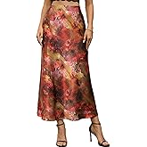 Fodebu Women's Satin Long Skirt Summer High Waist A-line Skirt Hidden Elastic Waistband Elegant Casual Maxi Skirt for Women