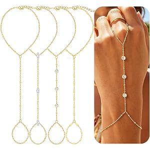 4PCS Gold Hand Chain Bracelets for Women, 14K Gold Plated Ring Bracelet Hand Chain Set, Dainty Stackable Finger Bracelets Jew