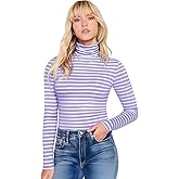 Zengjo Striped Turtleneck Women Long Sleeve Fitted High Neck Top Lightweight Soft Stretchy