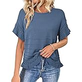 Dokotoo Women’s Short Sleeve Sweaters Oversized Summer Casual Ruffled Hem Knit Pullover Tops Cute Solid Color Crochet Blouses