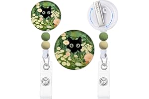 Einzelnn Flower Black Cat Badge Reels Retractable with Silicone Beaded Beads, Heavy Duty ID Name Tag Badge Clips Keychain for RN Nurses Nursing Teacher Office Work Business Women Gifts