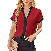 Avanova Women Color Block V Neck Short Sleeve Blouses Shirts Work Elegant Dressy Tops