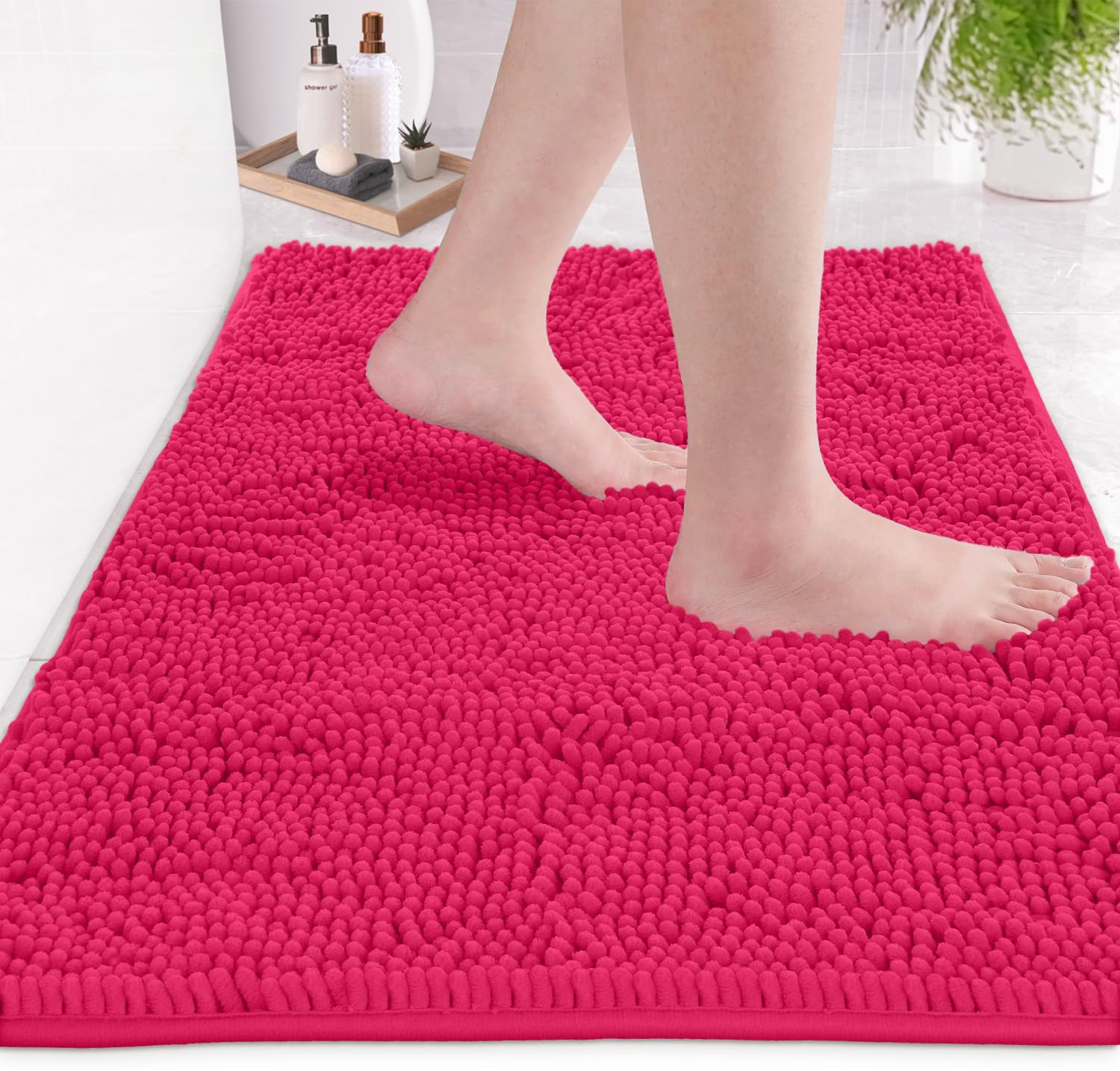 LuxUrux Bath Mat-Extra-Soft Plush Bath Shower Bathroom Rug, 1'' Chenille Microfiber Material, Super Absorbent Shaggy Bath Rug (Hot Pink, 50 x 80 cm)