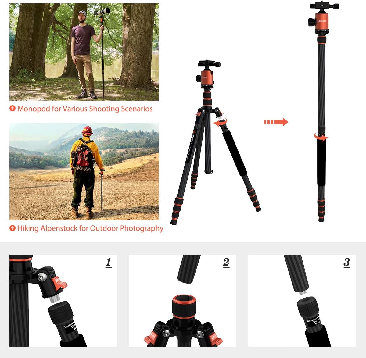 GEEKOTO 79 inches Carbon Fiber Camera Tripod Monopod with 360 Degree Ball Head 1/4 inch Quick Shoe Plate Professional Tripod Load up to 26.5 pounds : Camera & Photo