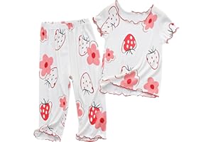 Baby Girl Cotton Summer 𝐏ajamas Set 2Pcs Short Sleeve Shirt Shorts 𝐏js Ruffle Cute Sl𝐞epwear Strawberry Print Outfits