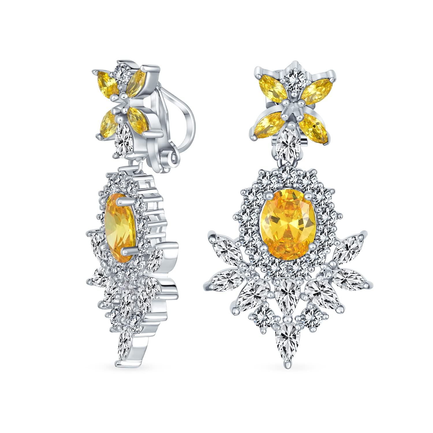 Vintage Art Deco Style Canary Yellow Cubic Zirconia AAA CZ Statement Dangle Formal Chandelier Clip On Earrings Wedding Prom Silver Plated — image 1