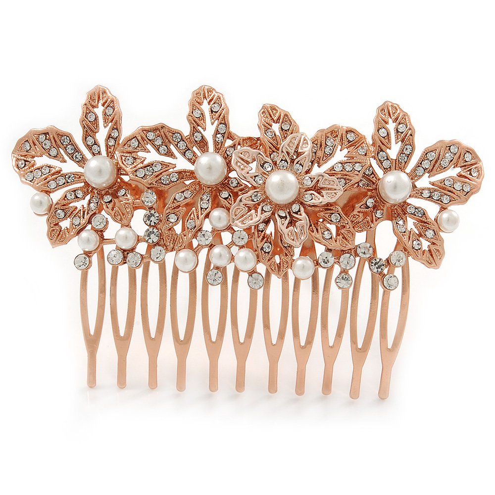 Bridal/Wedding/Prom/Party Rose Gold Tone Clear Crystal, Simulated Pearl Floral Hair Comb - 85mm