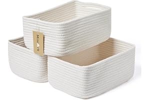 MiniArk Shelf Storage Baskets for Organizing | Closet Organizer Bins | Small Baskets | Toy Basket | Cute Decorative Basket | Cube Storage Bin | Woven Rope Basket | 13×8.5×5.1” | 3 Packs Off White