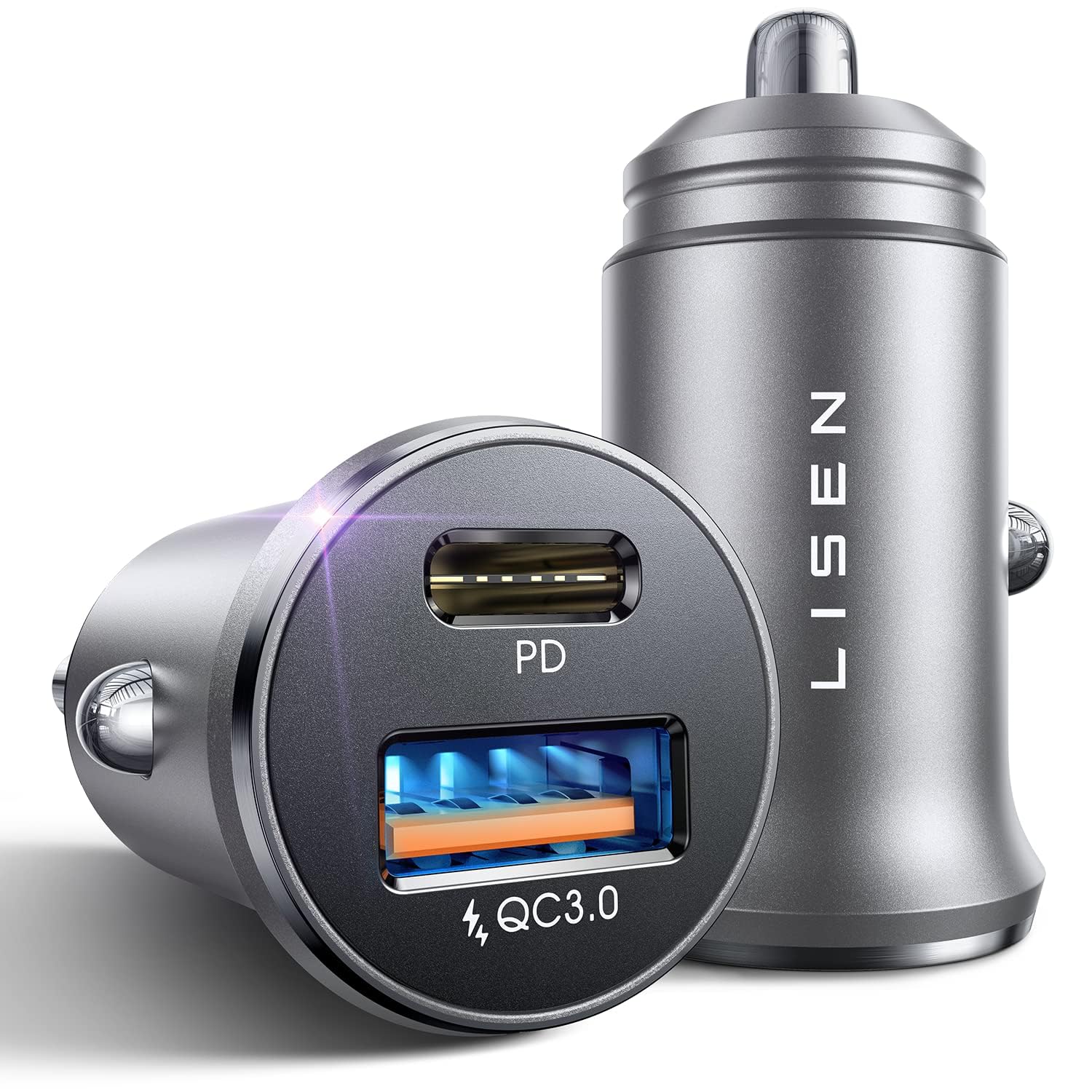 LISEN 2-Pack USB C Car Charger Adapter Fast Charge, 48W All Metal Cigarette Lighter USB Charger for iPhone 15 Smallest Flush Car Charger USB C for iPhone 14 Pro Max 13 12 Galaxy S23/22 iPad Pro-Silver