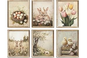 WINDVALE Easter Wall Art Prints – Vintage Spring Farm Animal Artwork with Bunnies,Chicks, Flowers & Easter Eggs, Rustic Farmh