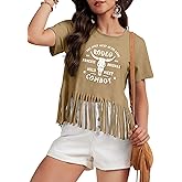Women Graphic Tees Western Shirts Vintage Cowgirl Fringe Shirt Country Concert Tops Short Sleeve