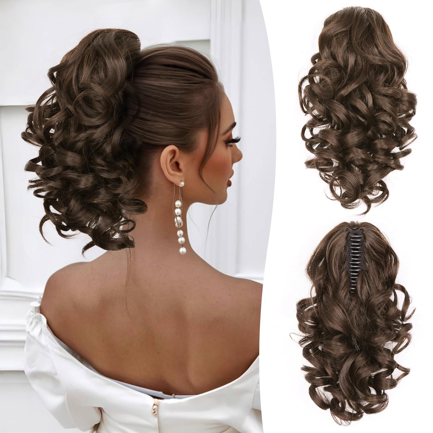 Photo 1 of Clip on Ponytails for Women - 12 Inch Curly Ponytail Extension, Wavy Pony Tails Hair Extensions, Synthetic Hair Extensions Ponytail, Natural Hair Pieces for Women (Color: Dark Chocolate Brown)