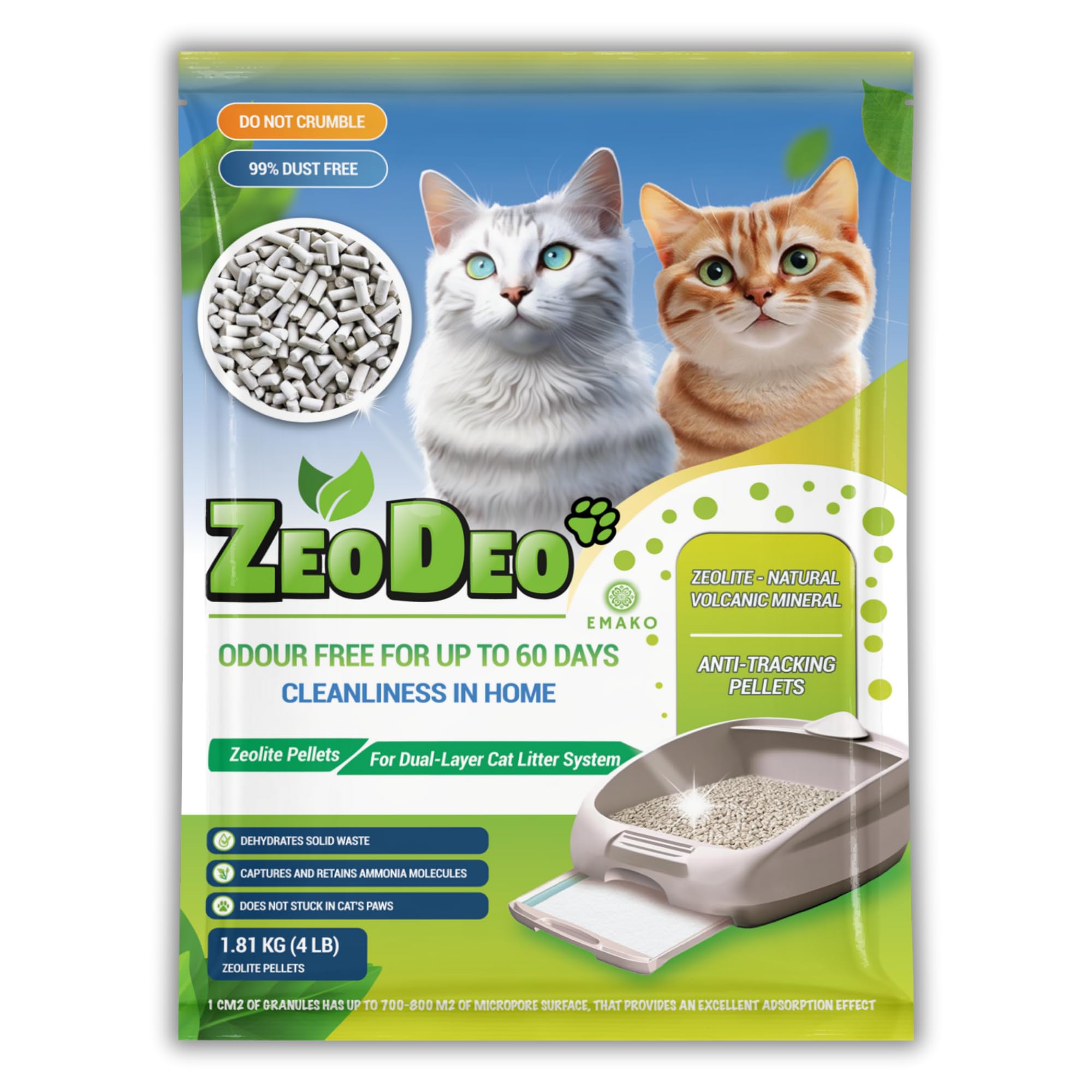 "ZeoDeo"-Natural Zeolite Cat Litter Pellets for dual-layer cat litter systems 4 Lb or 1.81 kg