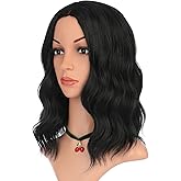 eNilecor Black Wig,Short Curly Wavy Bob Wigs for Black Women Natural Middle Part with No Bangs Synthetic Color Colored Shoulder Length Heat Resistant Wig Cosplay Party Costume 14 Inch(Black)