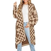 Saodimallsu Womens Checkered Long Cardigans Chunky Oversized Open Front Batwing Sleeve Color Block Knit Sweater Coats