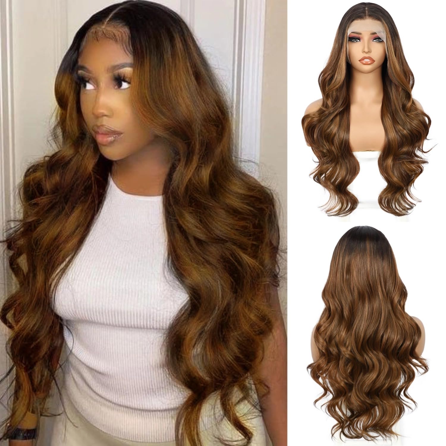 Sapphirewigs Brown Lace Front Wig 13x4 Synthetic Body Wave Ombre Brown Synthetic Lace Front Wigs for Women Party Date Daily Wear Christmas Natural Looking 26 inch — image 1