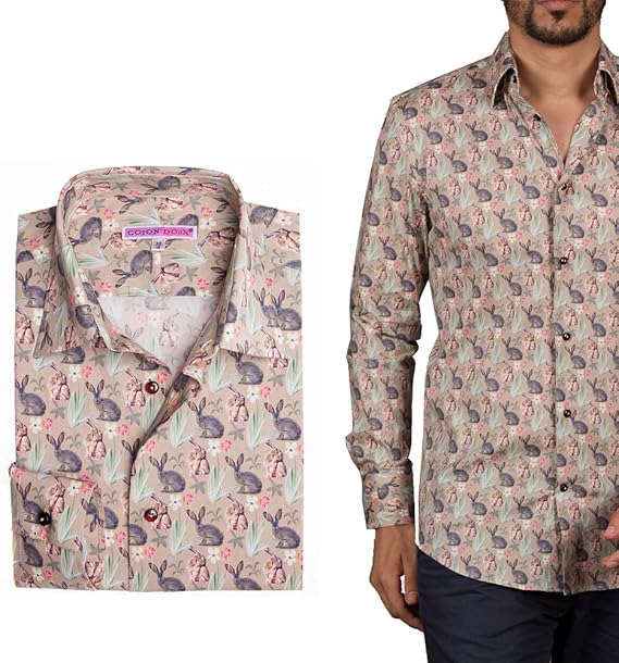 Amazon コトンドゥ Cotondoux 柄シャツ メンズ シャツ 長袖 プリント うさぎ ポップアート M92ad1772rabbits シャツ 通販