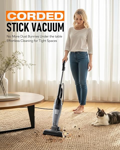 AVVNEE CORDED STICK VACUUM CLEANER, 15000PA STRONG SUCTION 600W MOTOR, ULTRA-LIGHT 3 LBS BAGLESS VACUUM FOR HARD FLOORS, LOW-PILE RUGS & PET HAIR, CREVICE TOOL, 1L DUST CUP, 16.7FT CORD (BLACK)
