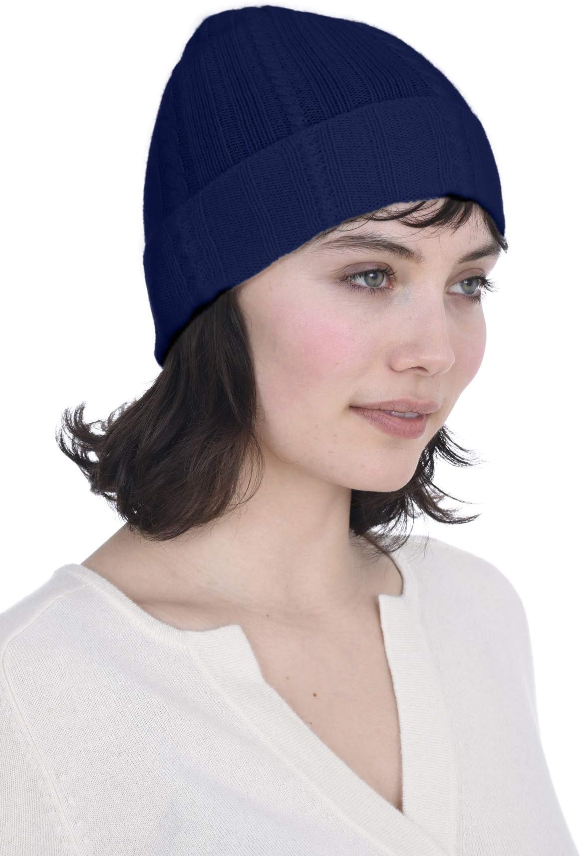 Fold-Over Cable Knit Beanie 100% Pure Cashmere Cuffed Brim Hat for Women