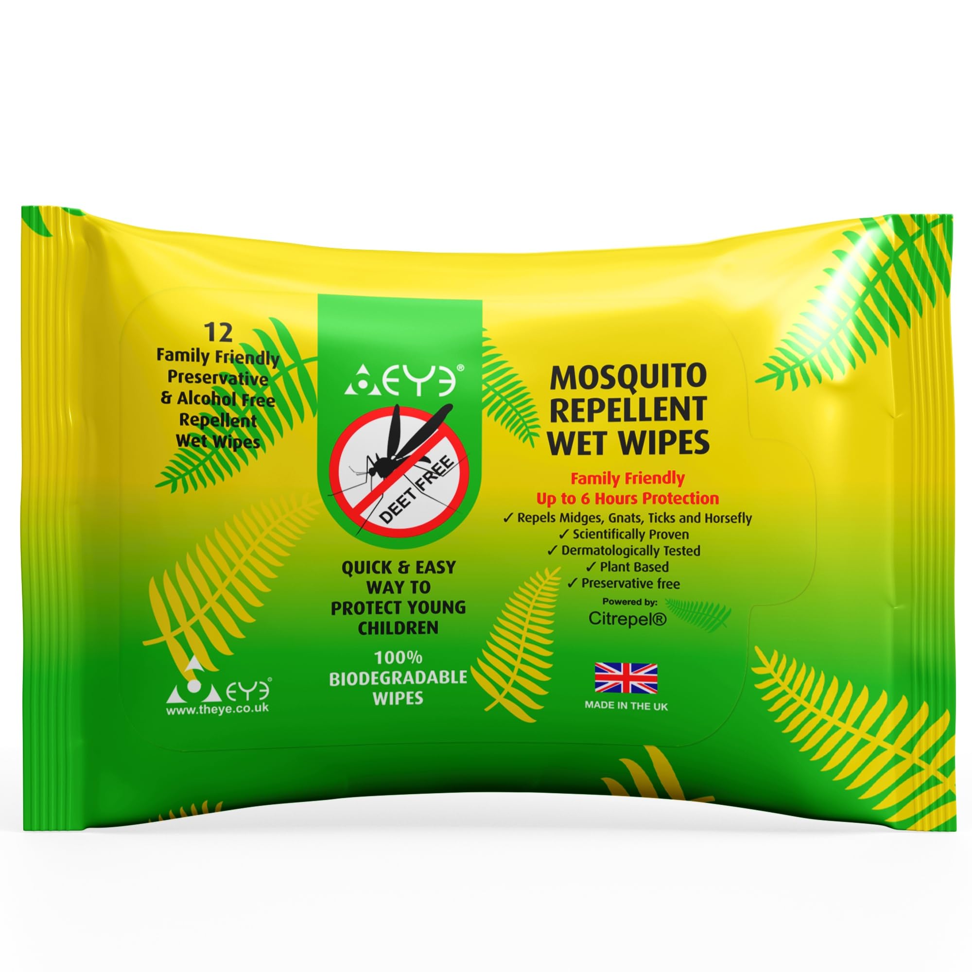 THEYE, Mosquito Repellent Wipes, 100% Natural Plant-Based Insect Repellent, DEET-Free, Alcohol-Free, Up to 6 Hours Protection, for Sensitive Skin, 12 Wipes