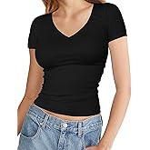YOGINGO Basic Womens V Neck Short Sleeve T Shirt Slim Fit Tees 2025 Summer Y2k Going Out Fitted Tops Sexy Tight Shirts