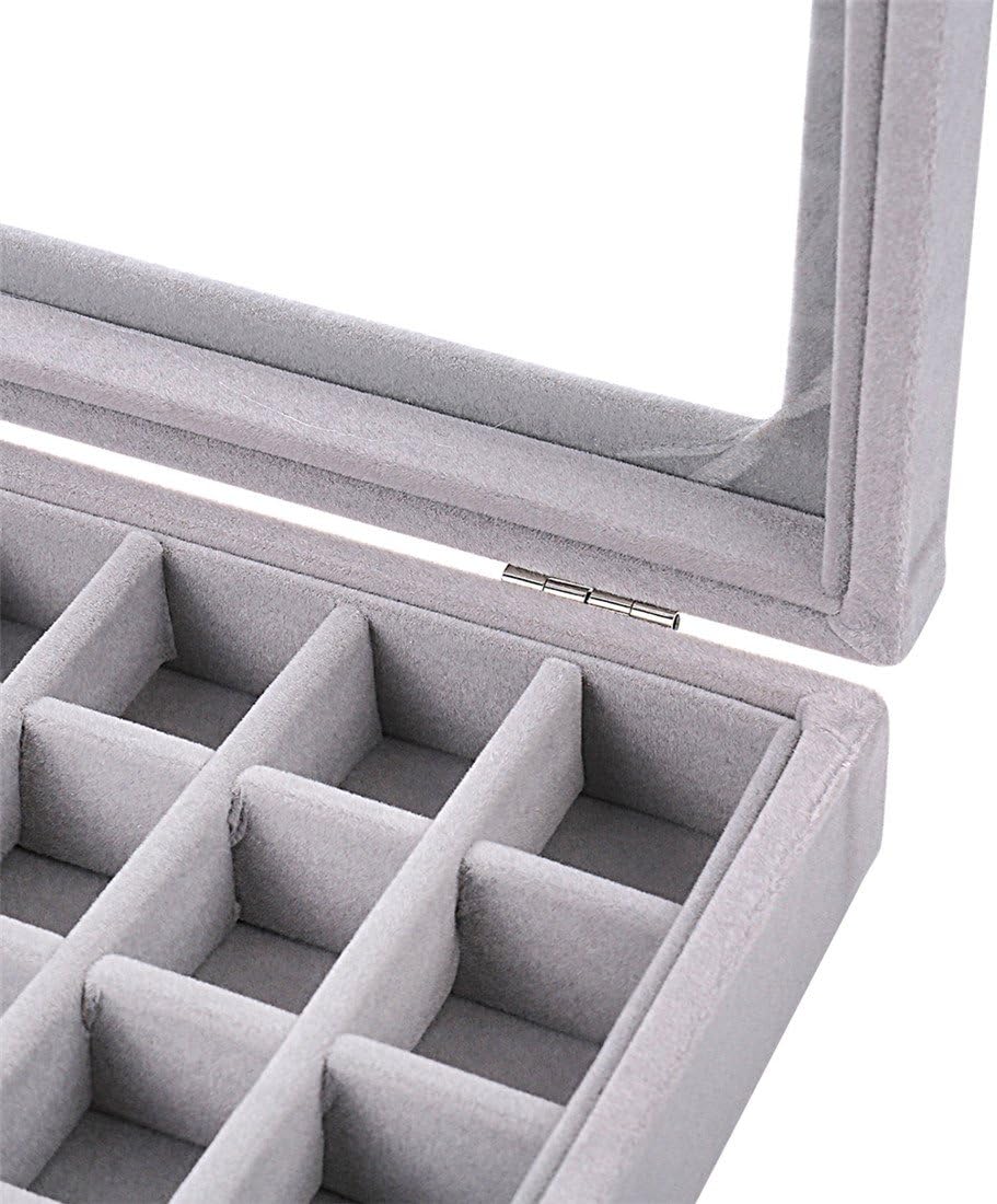 Ivosmart 24 Section Velvet Glass Jewelry Ring Display Organiser Box Tray Holder Earrings Storage Case (Grey): Home & Kitchen