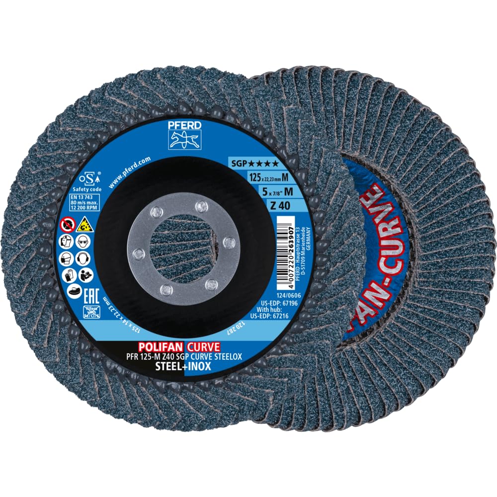 PFERD Polifan Curve Flap Washer, Pack of 2, Diameter 125 mm, Width M (11 mm), Z40, SGP Steelox, 69398197 for Precise Fillet Seam Processing
