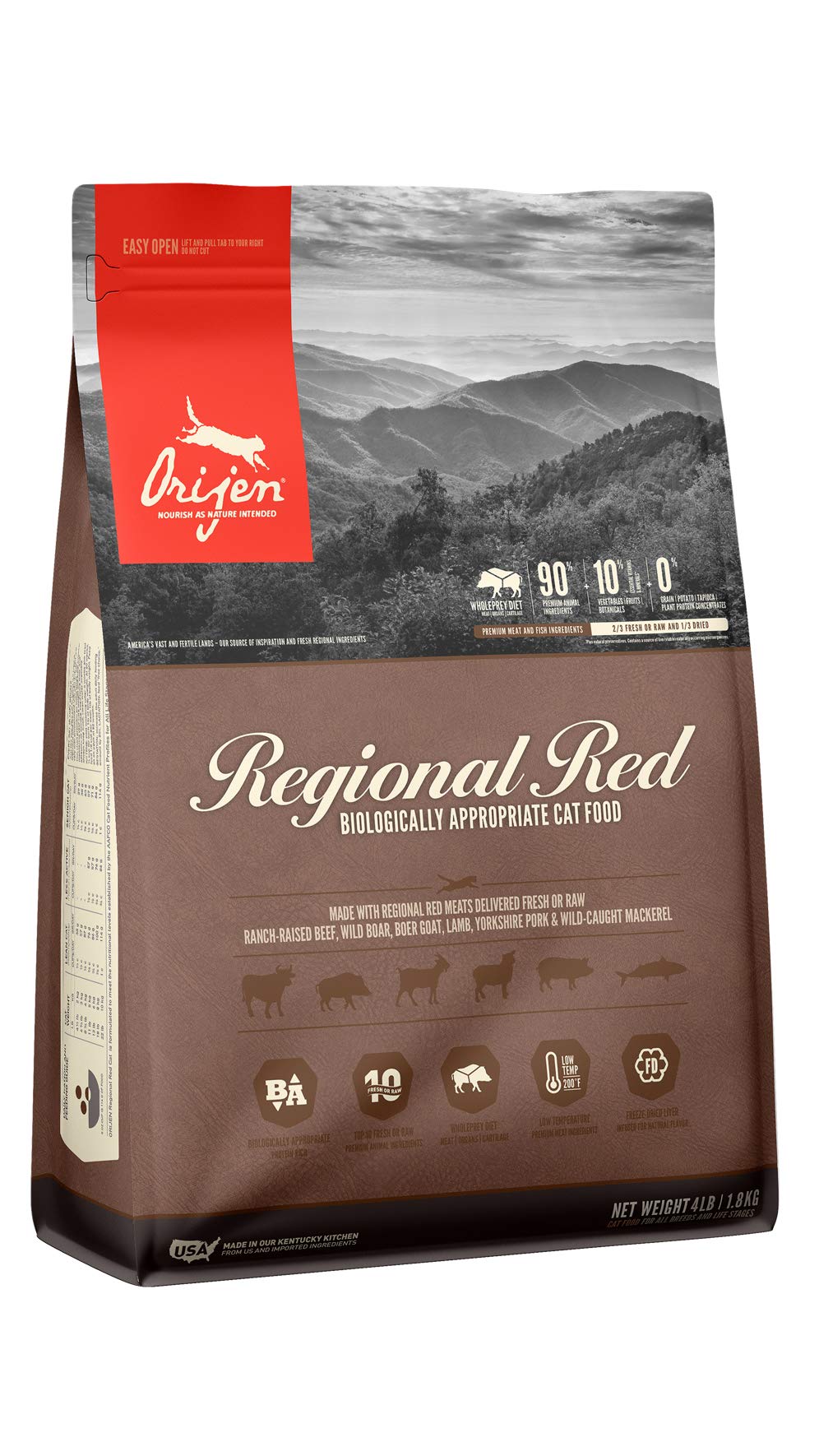 ORIJEN Dry Cat Food, Grain Free, Premium Fresh & Raw Animal Ingredients, Regional Red, 4lb