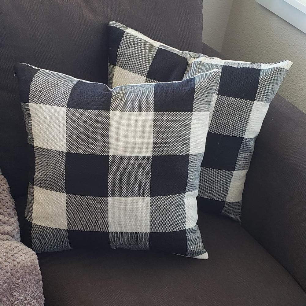 Burlap Farmhouse Decor Buffalo Checkers Plaid Cotton Linen Decorative Throw Pillow Cover Rustic Cushion Cover Pillowcase for Sofa 18 x 18 Inch, Set of 2 (Black/White, 18"×18"): Kitchen & Dining