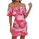 Floerns Women's Off Shoulder Ruffle Trim Short Sleeve Tropical Print Bodycon Dress