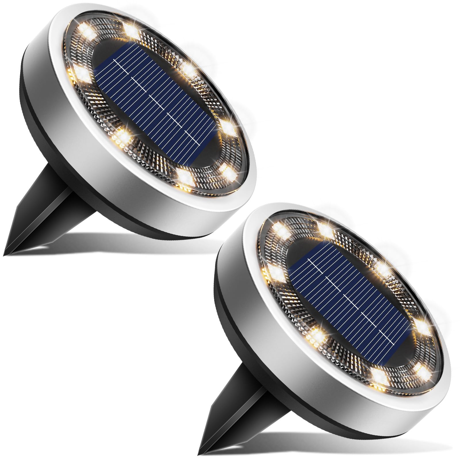 btfarm Solar Lights Outdoor Garden, 2 Pack Solar Ground Lights, 8 LED Solar Disk Lights Outdoor IP65 Waterproof for Garden Pathway Lawn Patio Yard Landscape (Warm White)