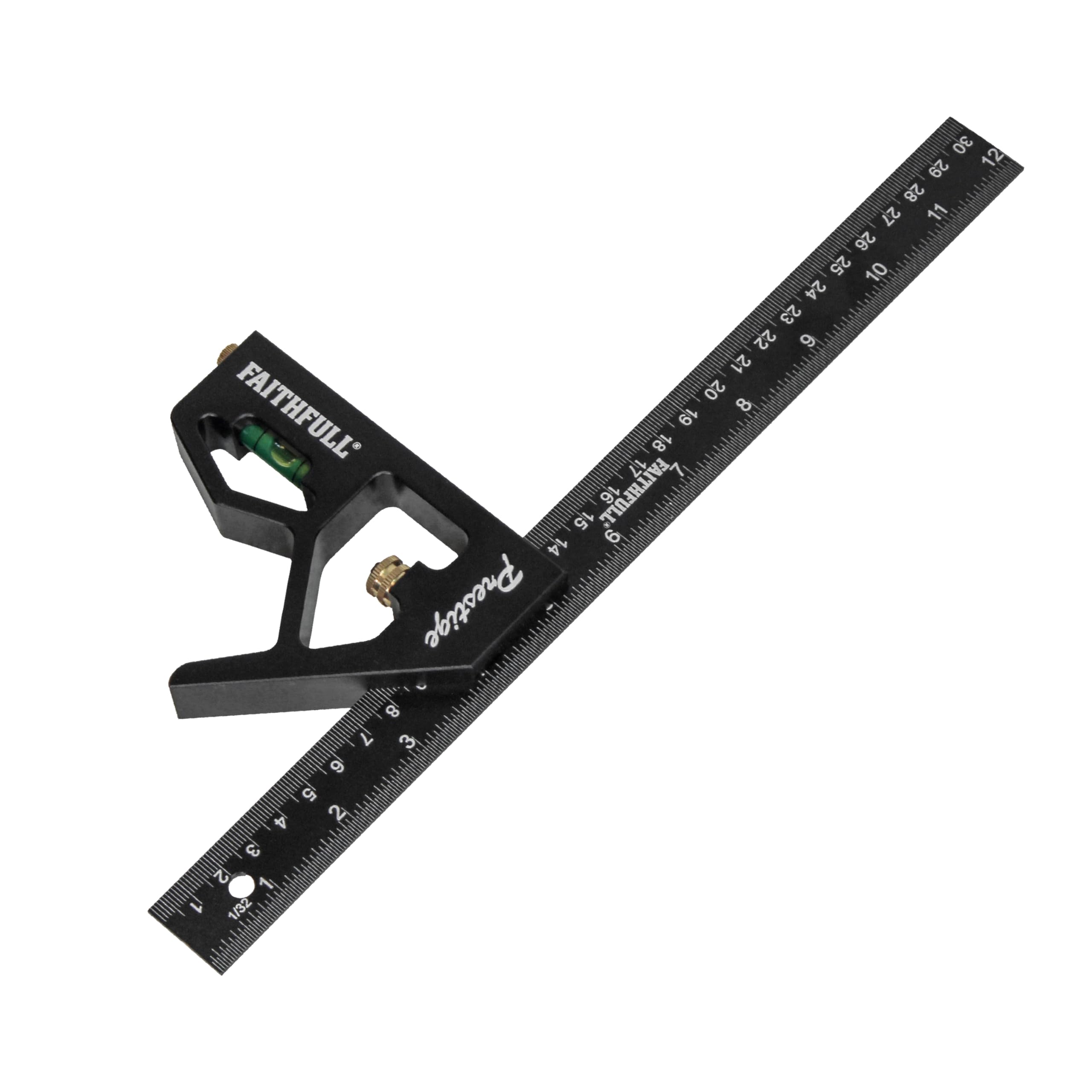Faithfull Prestige Combination Square Black Aluminium 300mm (12in) – Multi-Function Measuring & Layout Tool with Spirit Level & Marking Scribe for Woodworking & Metalwork