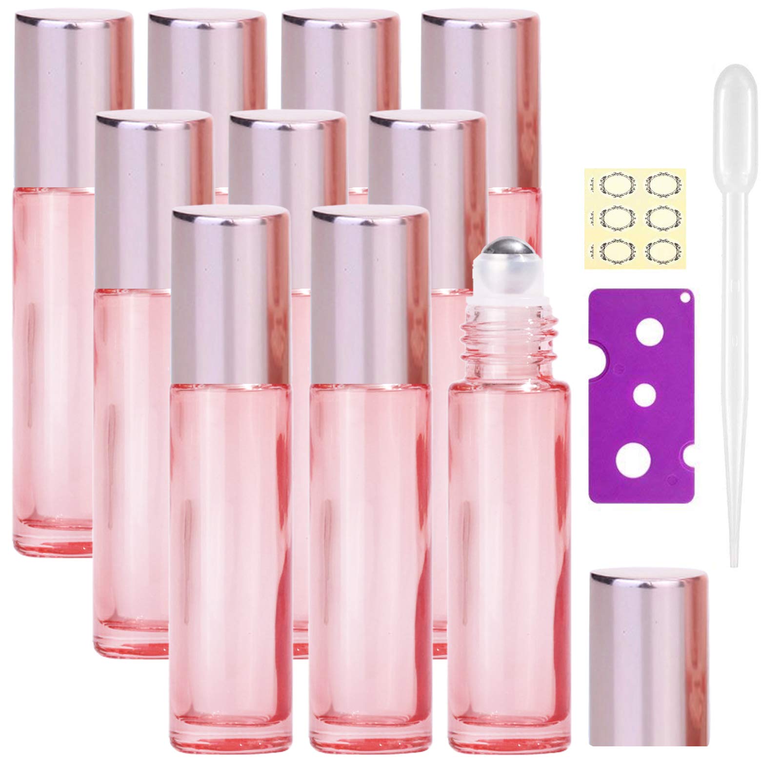 Alledomain 10Pcs, 10ml Essential Oil Roller Bottles Refillable Transparent Rose Gold Glass Roll on Bottles Clear Roll Bottles with Stainless Balls & Rose Gold Cap, Include Label, Dropper & Opener