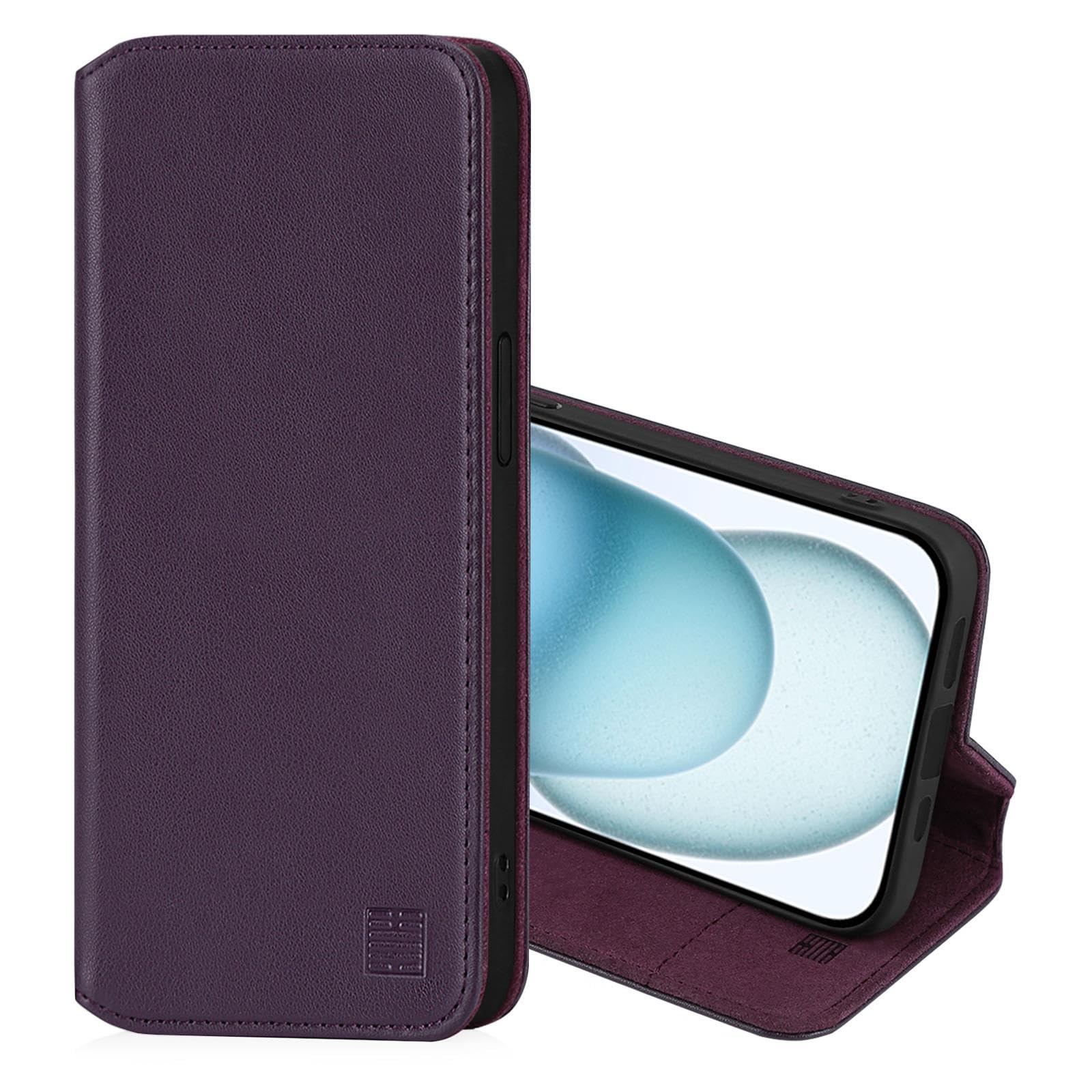 32nd Classic Series 2.0 - Real Leather Book Wallet Flip Case Cover For Apple iPhone 15 Plus (6.7"), With RFID Blocking Card Slot, Magnetic Closure and Built In Stand - Aubergine