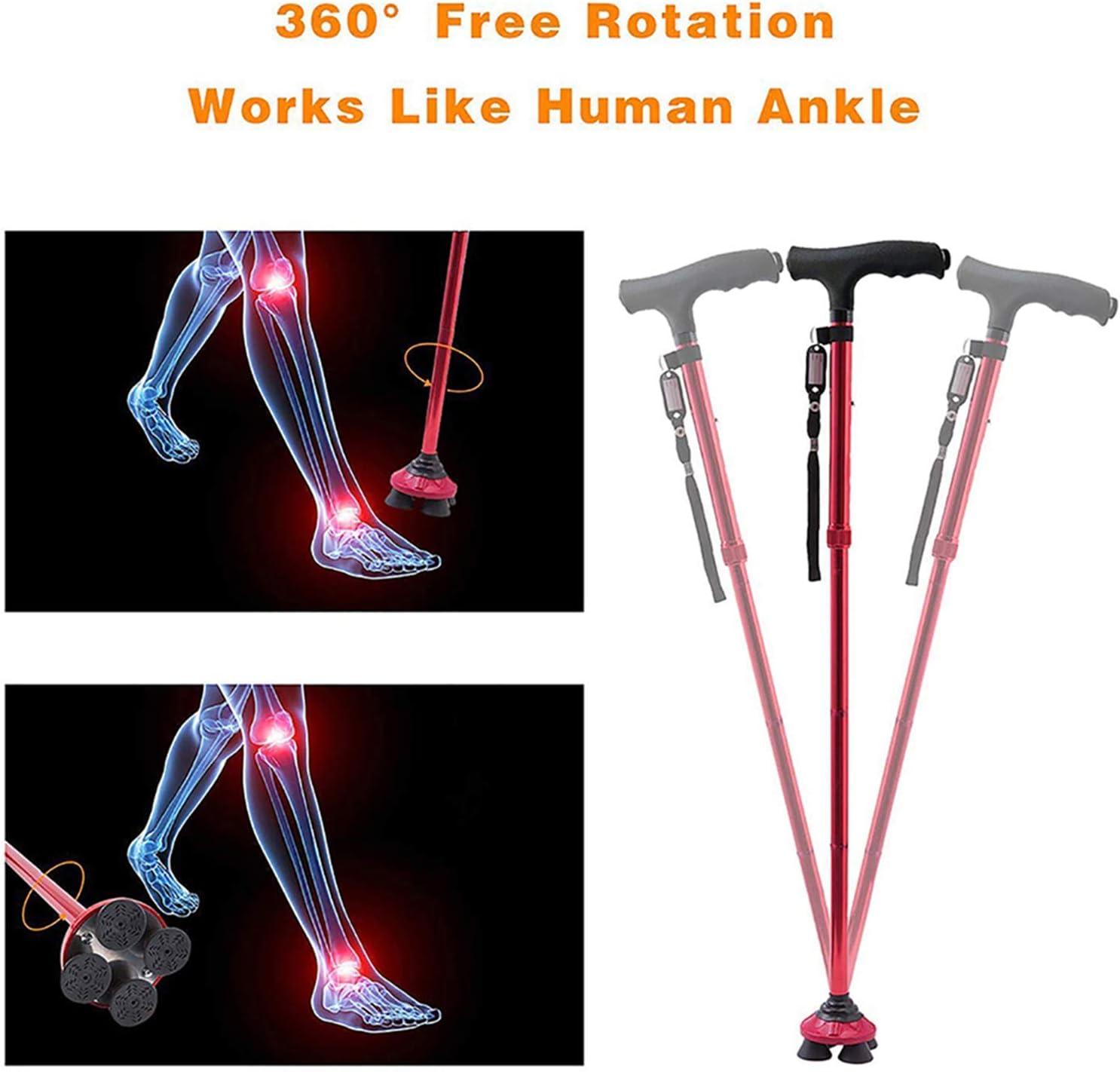 BigAlex Folding Walking Cane with LED Light,Pivoting Quad Base,Adjustable Walking Stick with Carrying Bag for Man/Woman （4.9'-5.6' Red ）: Health & Personal Care
