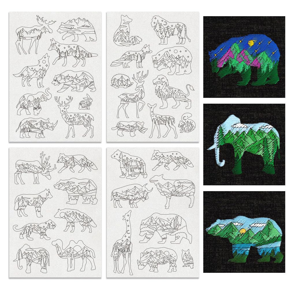 BENECREAT 4Sheets 35Pcs Forest Animals Mountain Water Soluble Embroidery, 29.7x21cm Wolves Deer Bear Stick and Stitch Embroidery Paper Stabilizer Water Soluble Hand Sewing for Shirts, Coats, Bags